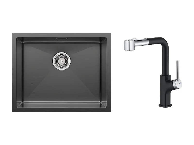 2 in1 Aanrecht 1 Bak 55*44*19CM, Inbouw/Bloei/Ondergrond, Zwart + 360 ° Draaibare Uittrekbare RVS Keukenkraan