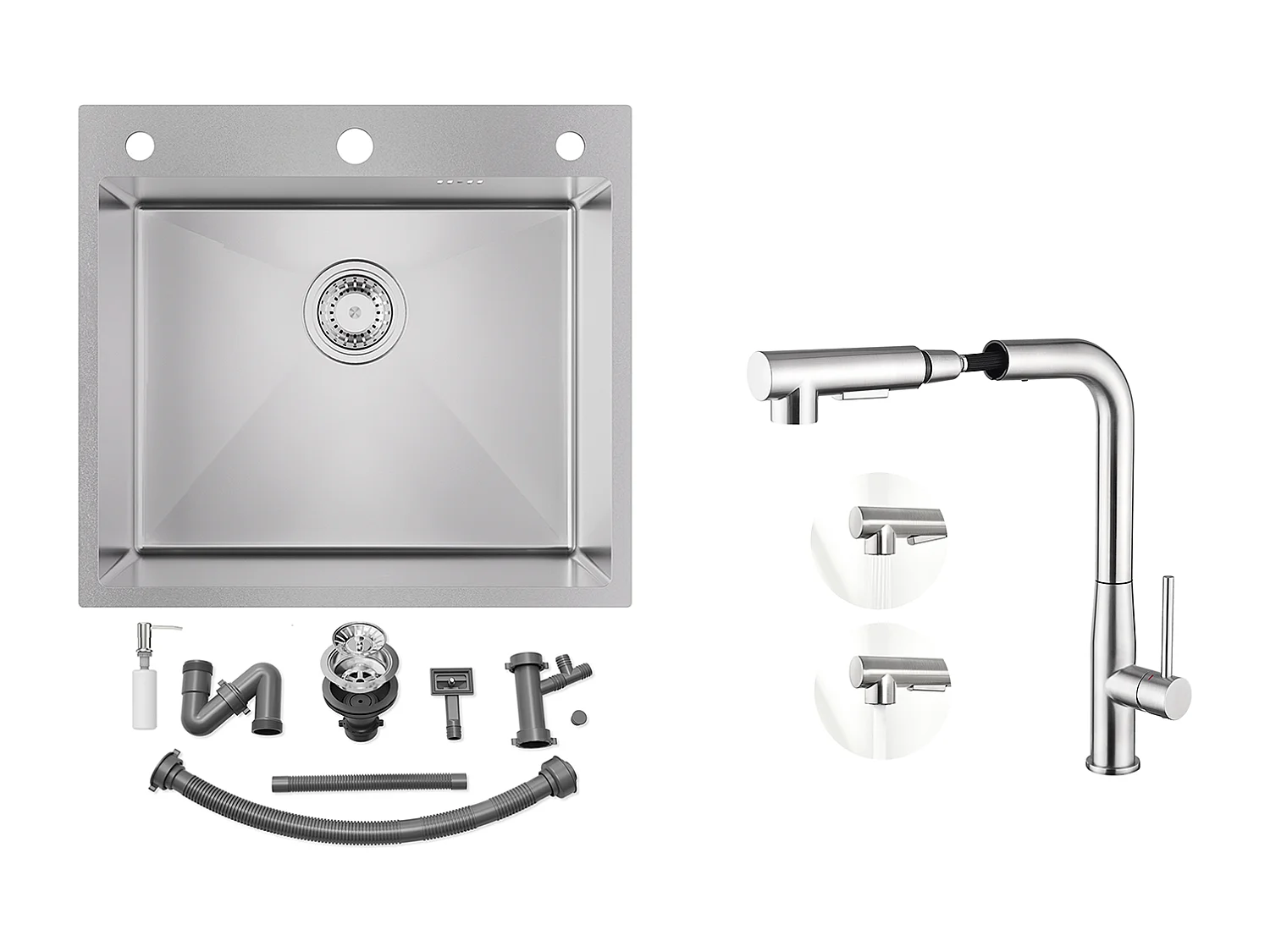 Küchenspüle 54*49*20 CM, Einbauspüle mit Seifenspender, Silber + Küchenmischbatterie mit 360° drehbarer Ausziehbrause