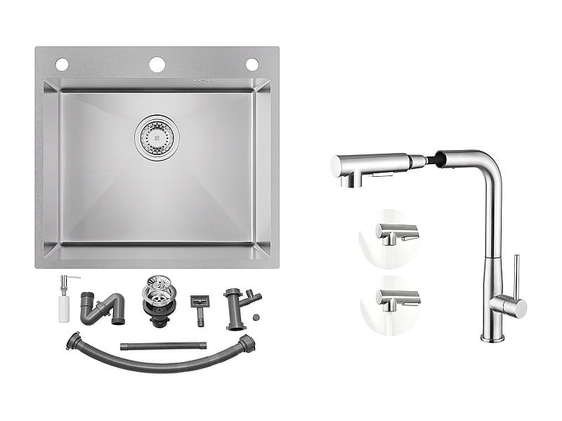 Evier Cuisine 54*49*20 CM,à Encastrer/à Fleur de Plan avec Distributeur Savon,Argent+Mitigeur Cuisine avec Douchette Extractible Rotatif 360°