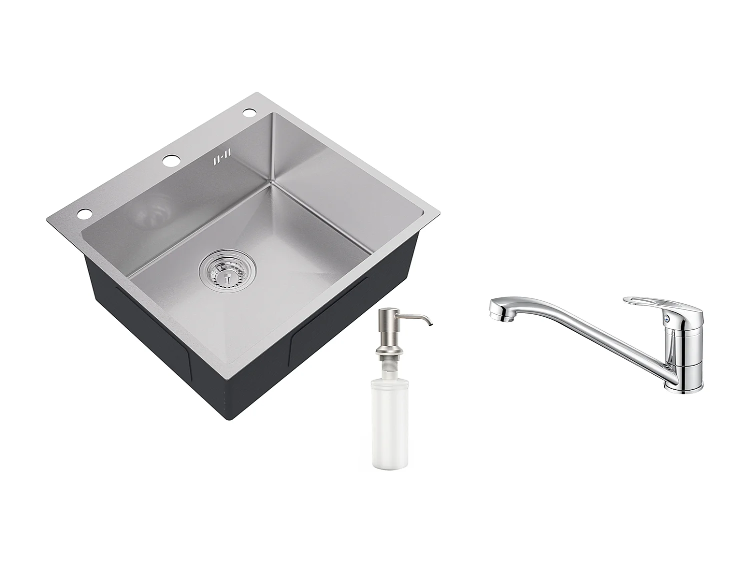 Evier Cuisine 54*49*20 CM,à Encastrer/à Fleur de Plan avec Distributeur Savon,Argent+Robinet Cuisine,Orientable 360°,Eau Chaude/Froide,Chromé