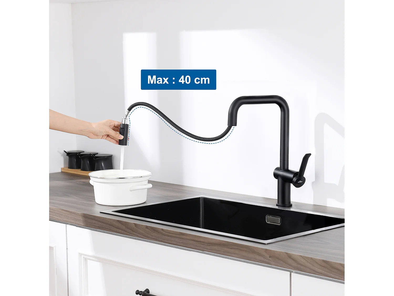 2 in1 Lavello da Cucina 1 Vassoio 55*44*19CM+Rubinetto da Cucina con Doccetta Estraibile Rotante 360 °2 Funzioni, Barboccia smontabile,Nero