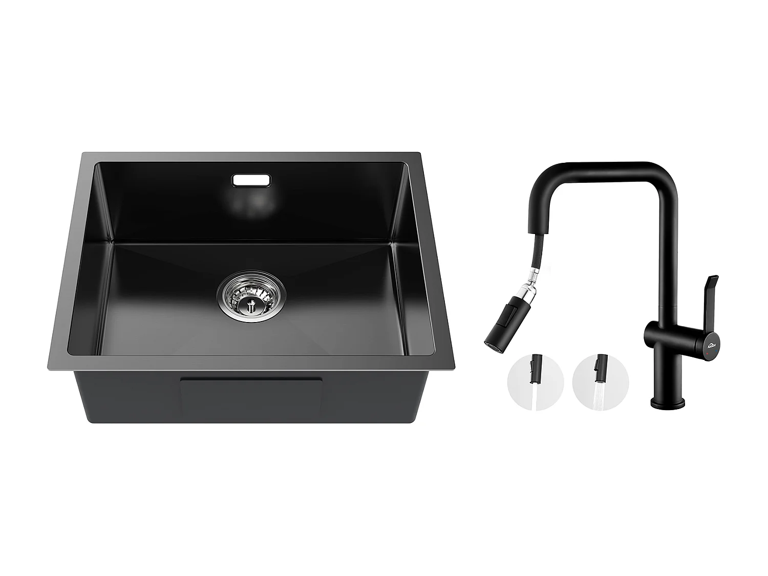 2 in 1 Küchenspüle 1 Becken 55*44*19CM+Küchenarmatur mit ausziehbarer Brause 360° drehbar 2 Funktionen, Abnehmbarer Sprudeler,Schwarz