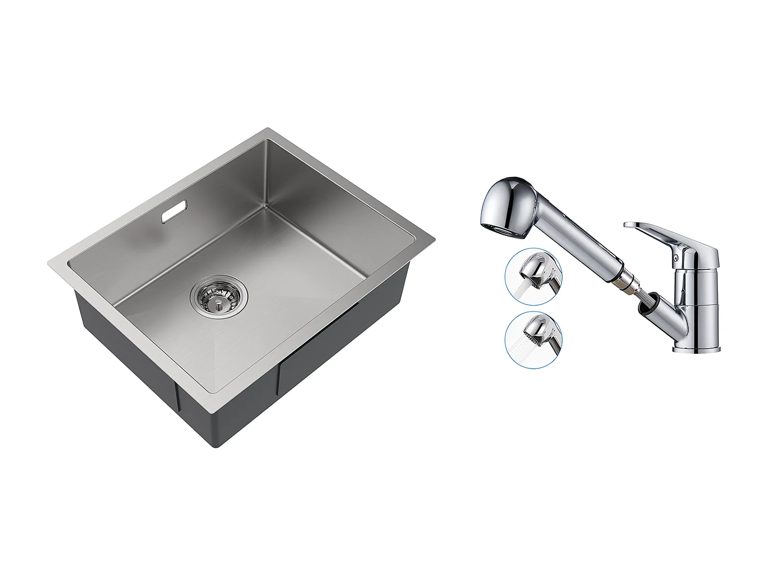 2en1 Évier de Cuisine 1 Bac 55*44*19CM, à Encastrer/Fleur/ Sous-Plan,Brossé+Mitigeur  Cuisine avec Douchette Extractible Rotatif 360°,Chromé