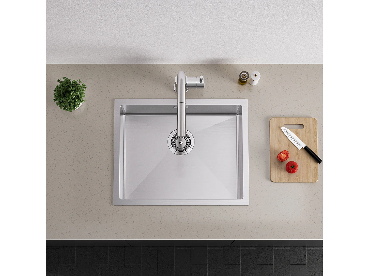 2en1 Évier de Cuisine 1 Bac 55*44*19CM, à Encastrer/Fleur/ Sous-Plan,Brossé+Mitigeur  Cuisine avec Douchette Extractible Rotatif 360°,Chromé