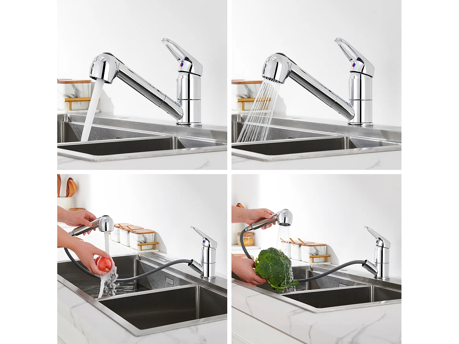 2en1 Évier de Cuisine 1 Bac 55*44*19CM, à Encastrer/Fleur/ Sous-Plan,Brossé+Mitigeur  Cuisine avec Douchette Extractible Rotatif 360°,Chromé