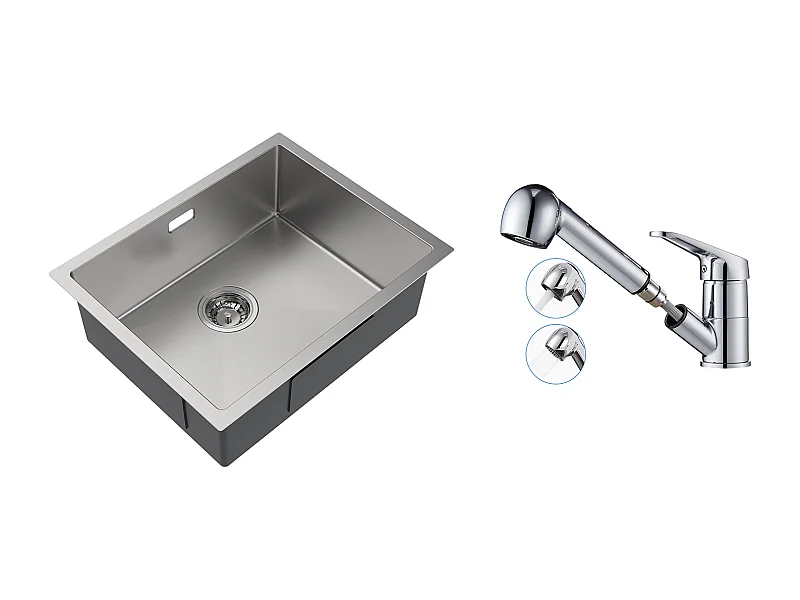 2en1 Évier de Cuisine 1 Bac 55*44*19CM, à Encastrer/Fleur/ Sous-Plan,Brossé+Mitigeur  Cuisine avec Douchette Extractible Rotatif 360°,Chromé