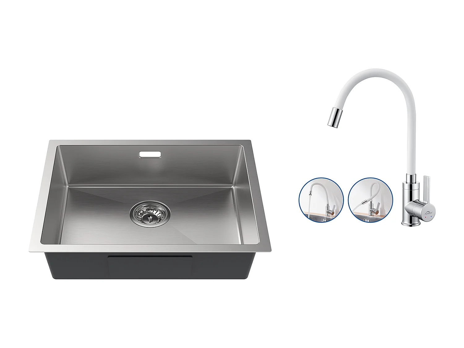 2en1 Évier de Cuisine 1 Bac 55*44*19CM, à Encastrer/Fleur/ Sous-Plan, Brossé+Robinet de Cuisine Flexible Bec Haut Orientable Librement,Blanc