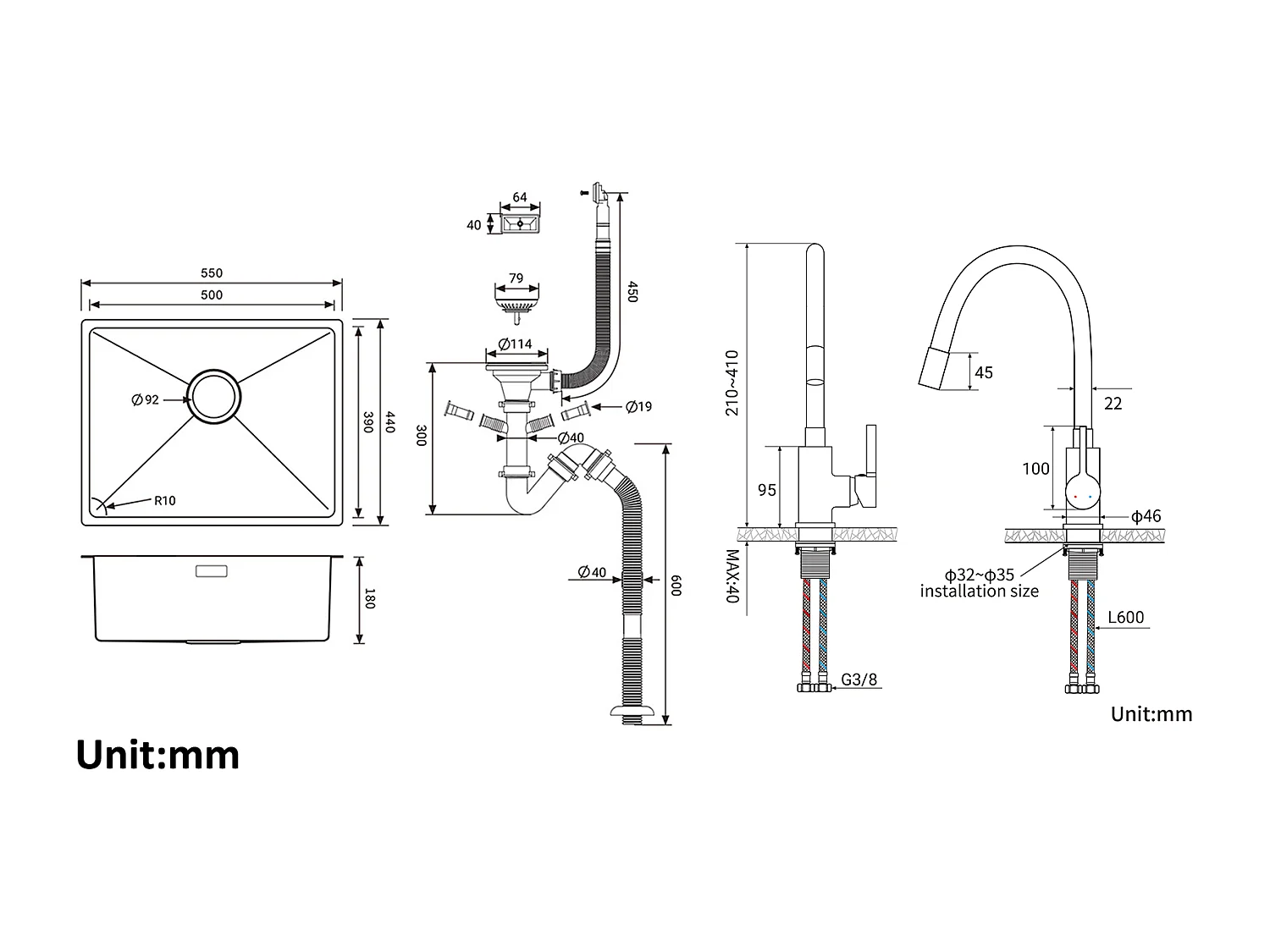 2en1 Évier de Cuisine 1 Bac 55*44*19CM, à Encastrer/Fleur/ Sous-Plan, Brossé+Robinet de Cuisine Flexible Bec Haut Orientable Librement,Blanc
