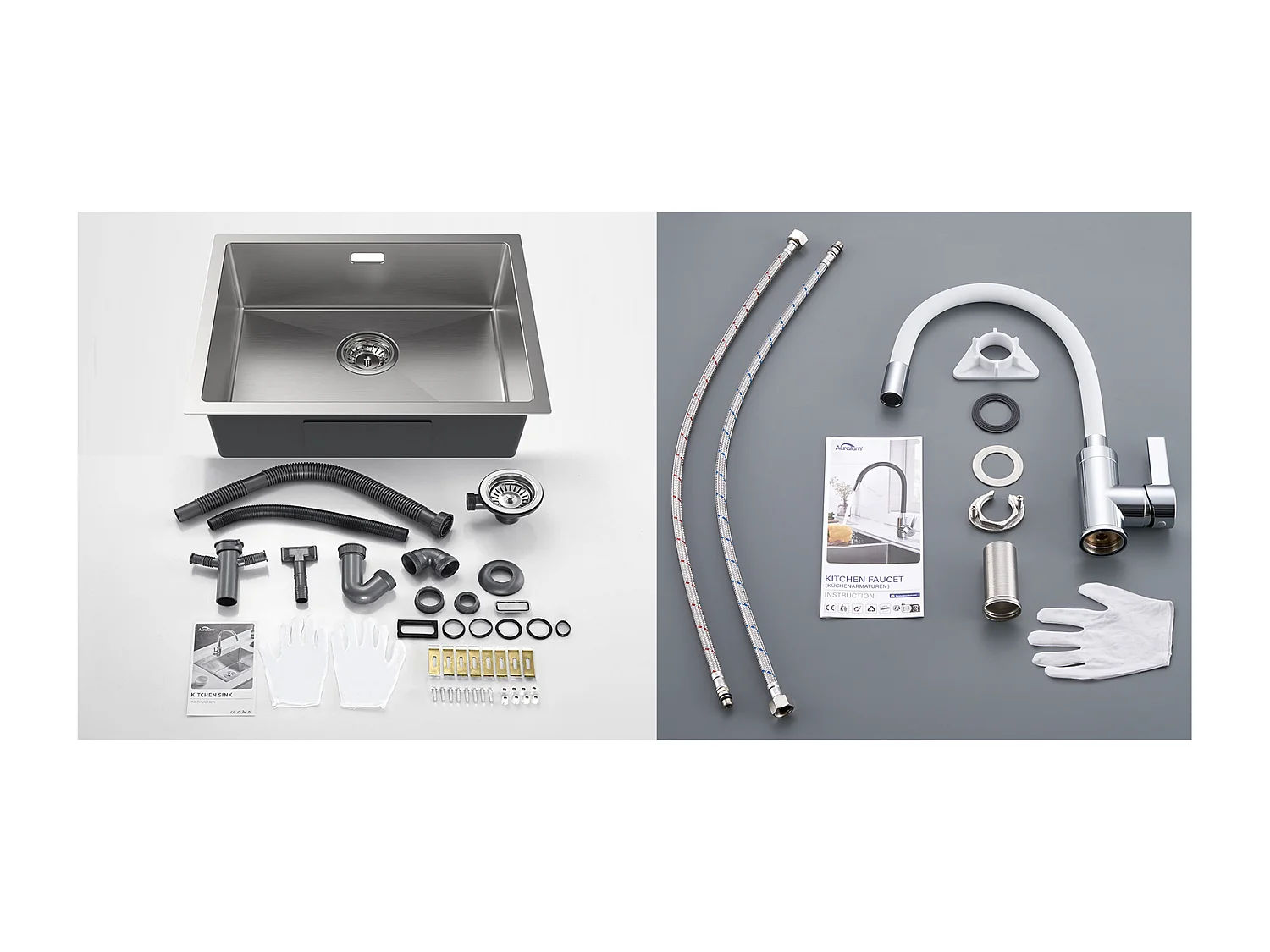 2en1 Évier de Cuisine 1 Bac 55*44*19CM, à Encastrer/Fleur/ Sous-Plan, Brossé+Robinet de Cuisine Flexible Bec Haut Orientable Librement,Blanc