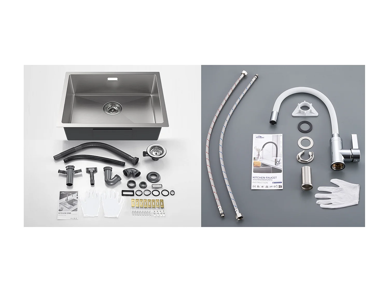 Fregadero de cocina 1 Bandeja 55*44*19CM, empotrado/Fleur/ Sub-Plan,Cepillado+Grifo de cocina flexible Caco Alto Orientable libremente,Blanco