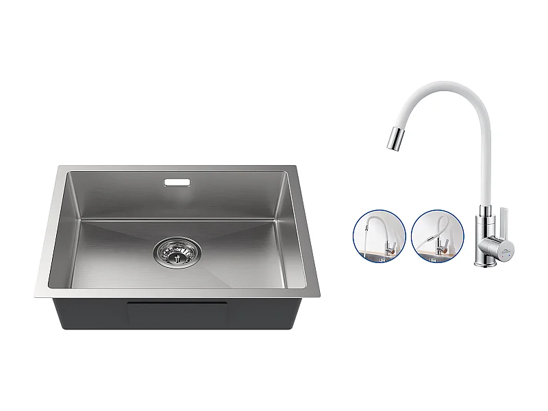 2en1 Évier de Cuisine 1 Bac 55*44*19CM, à Encastrer/Fleur/ Sous-Plan, Brossé+Robinet de Cuisine Flexible Bec Haut Orientable Librement,Blanc