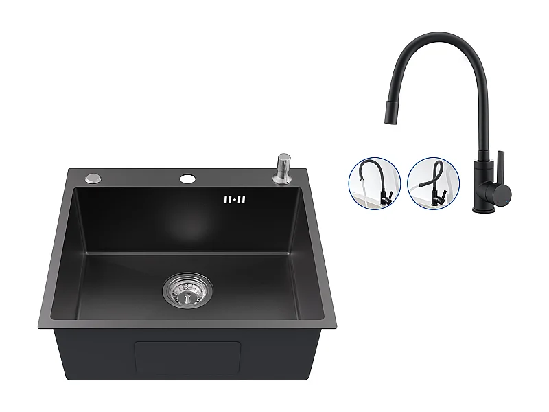 Evier Cuisine 1Bac 54*49*20 CM,Inox,Noir Gris,Evier 1Cuve avec Distributeur Savon+Mitigeur Évier avec Bec Flexible,Robinet Cuisine Rabattable