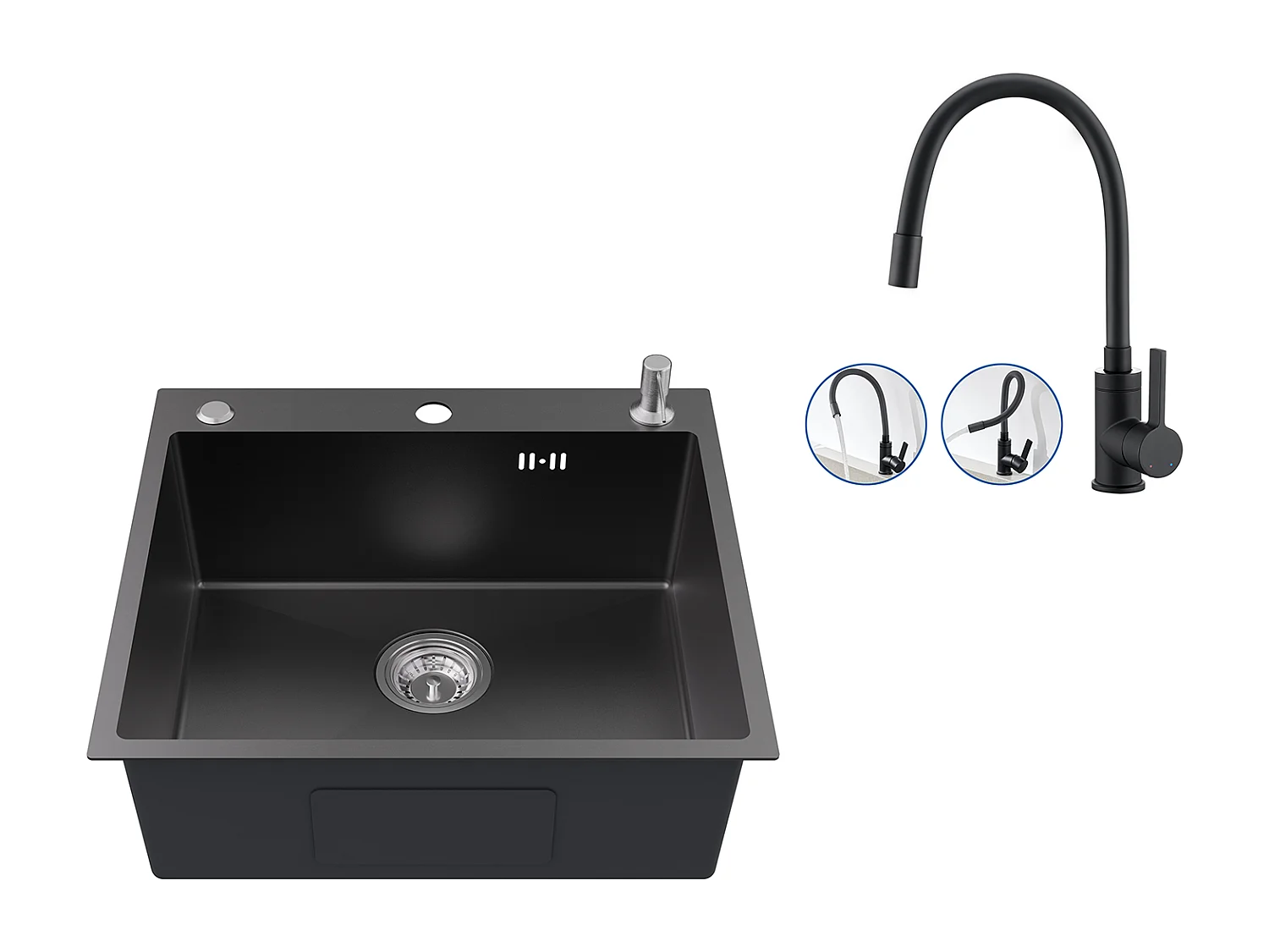 Evier Cuisine 1Bac 54*49*20 CM,Inox,Noir Gris,Evier 1Cuve avec Distributeur Savon+Mitigeur Évier avec Bec Flexible,Robinet Cuisine Rabattable