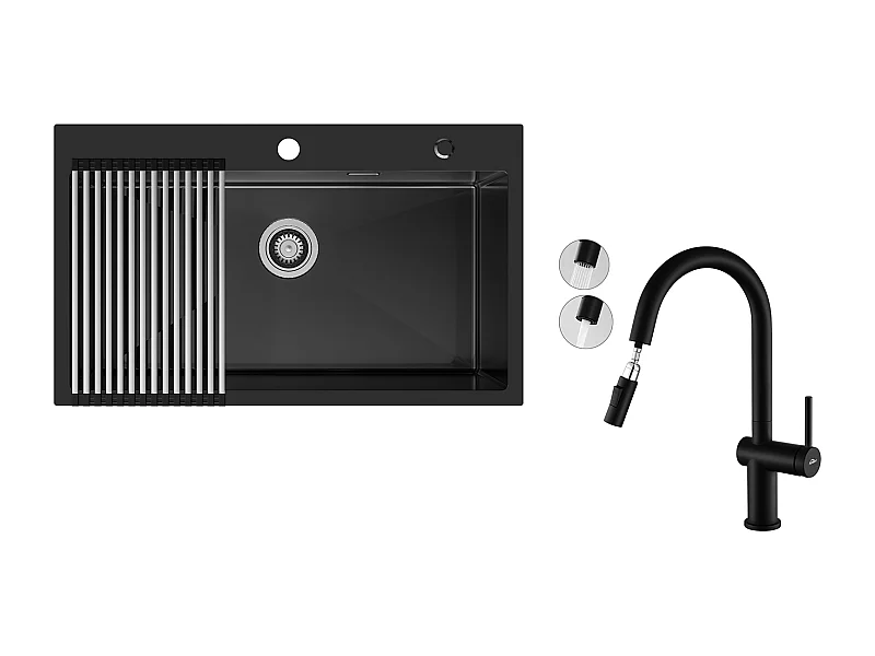 Auralum MAX Einzelbecken-Küchenspüle 75 x 45 cm, schwarze Edelstahlspüle mit faltbarer Abtropffläche + ausziehbarem Zweifunktions-Küchenhahn, schwarz