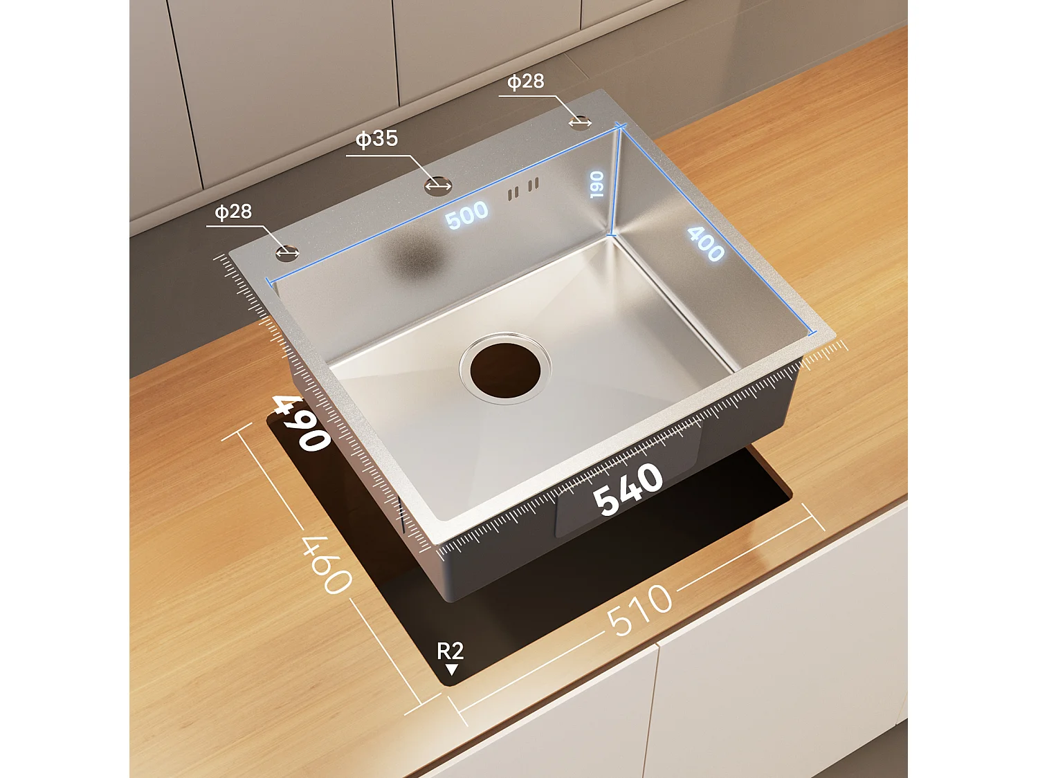 Evier Cuisine 1 Bac 54*49*20 CM,Inox 304,Evier à Encastrer/à Fleur de Plan avec Distributeur de Savon,Lavabo Cuisine avec 3 Trous,Nanoargent