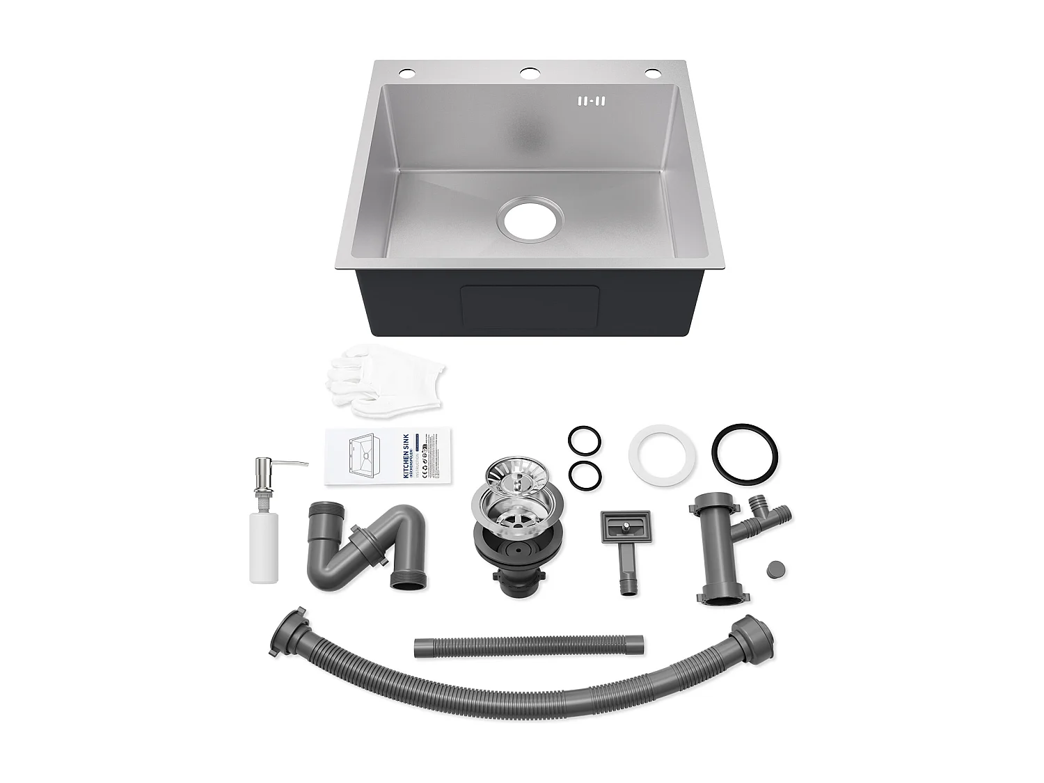 Evier Cuisine 1 Bac 54*49*20 CM,Inox 304,Evier à Encastrer/à Fleur de Plan avec Distributeur de Savon,Lavabo Cuisine avec 3 Trous,Nanoargent