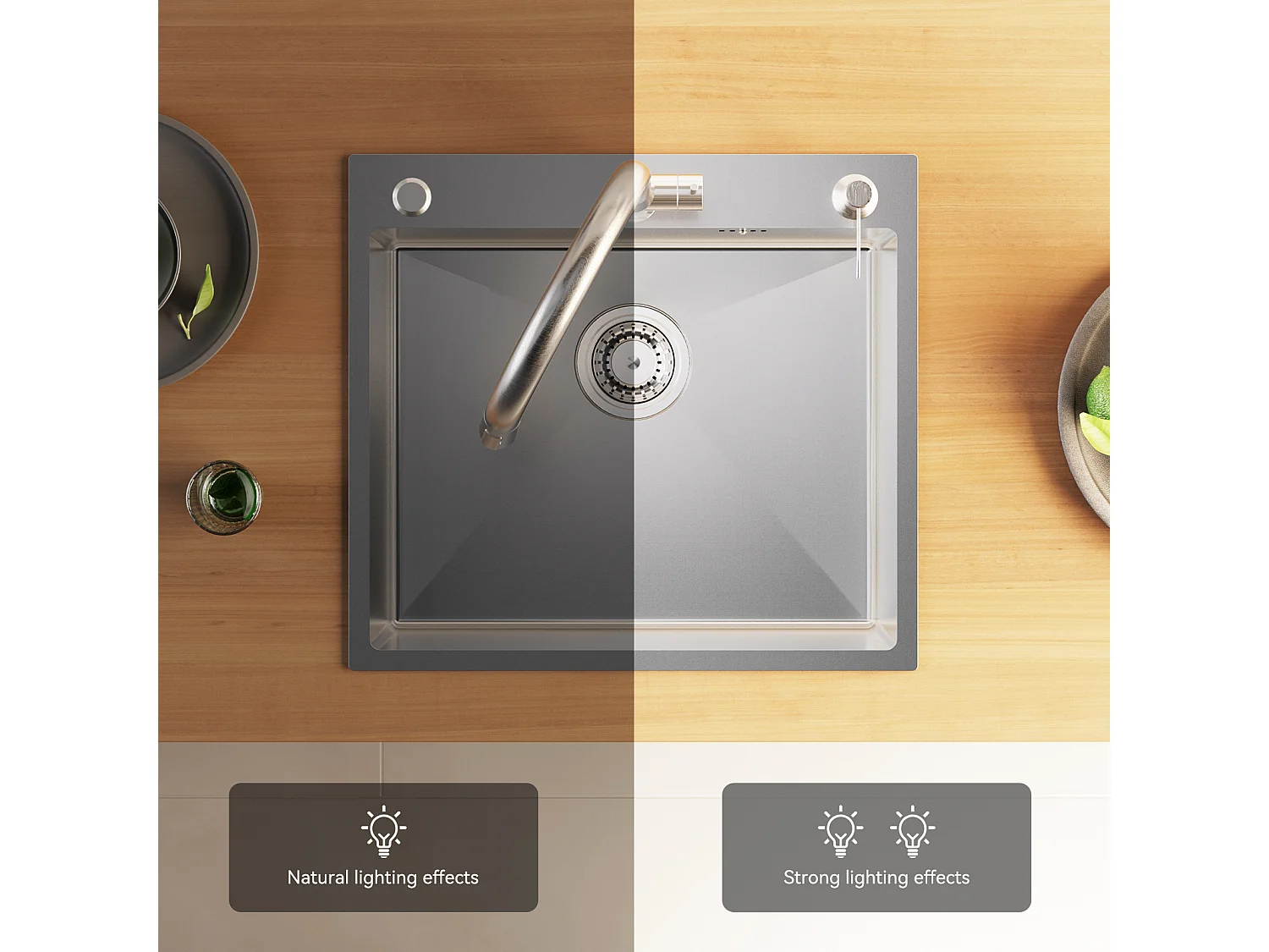 Evier Cuisine 1 Bac 54*49*20 CM,Inox 304,Evier à Encastrer/à Fleur de Plan avec Distributeur de Savon,Lavabo Cuisine avec 3 Trous,Nanoargent