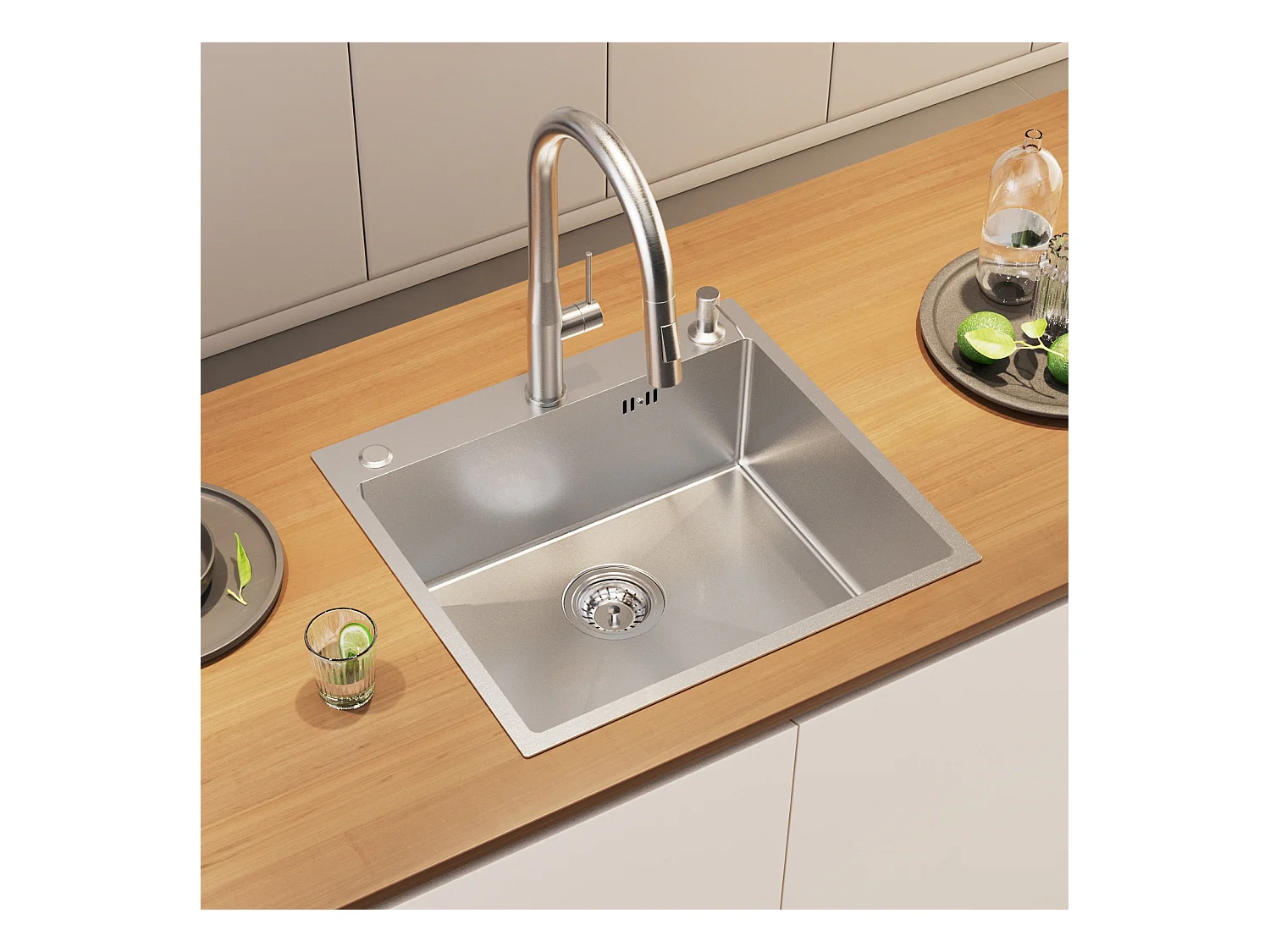 Fregadero Cocina 1 Bandeja 54*49*20 CM,Inox 304,Fregadero empotrado/de Flor de Plan con dispensador de jabón,Lavabo de cocina ,Nanoplata