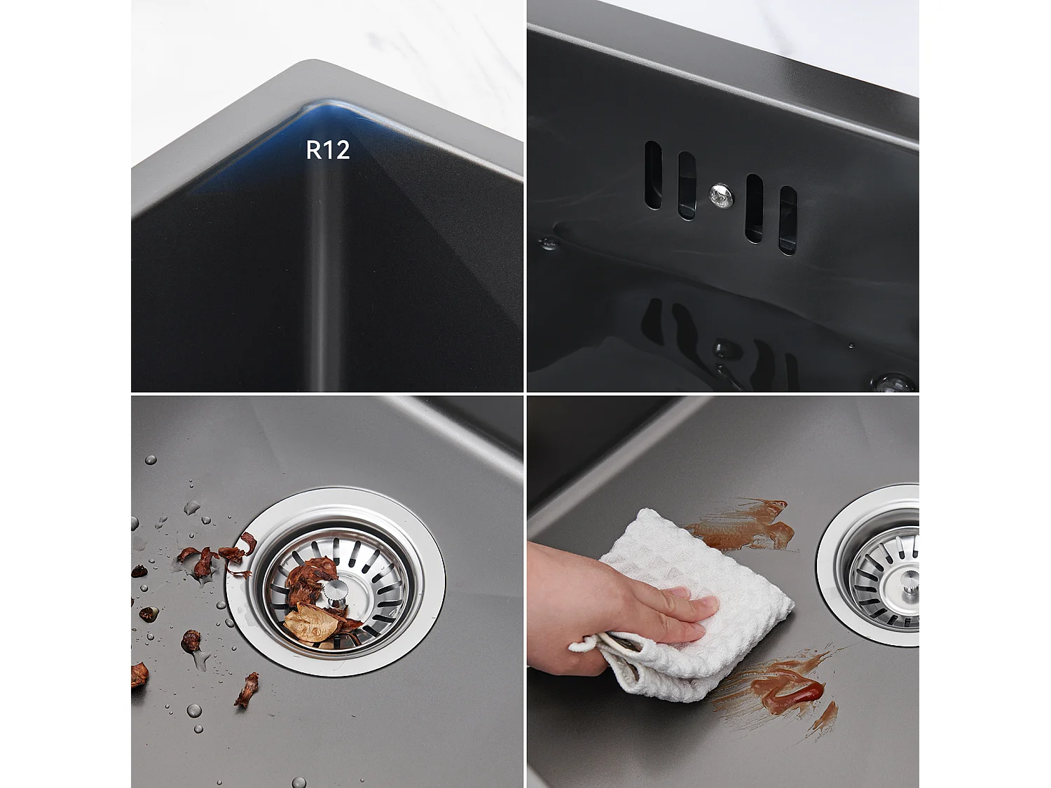 Evier Cuisine 1Bac 54*49*20 CM,Inox,Noir Gris,Evier 1Cuve avec Distributeur Savon+Mitigeur Cuisine,Inox 304 Rabattable Pivotant 360°,Noir