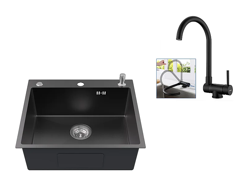 Evier Cuisine 1Bac 54*49*20 CM,Inox,Noir Gris,Evier 1Cuve avec Distributeur Savon+Mitigeur Cuisine,Inox 304 Rabattable Pivotant 360°,Noir