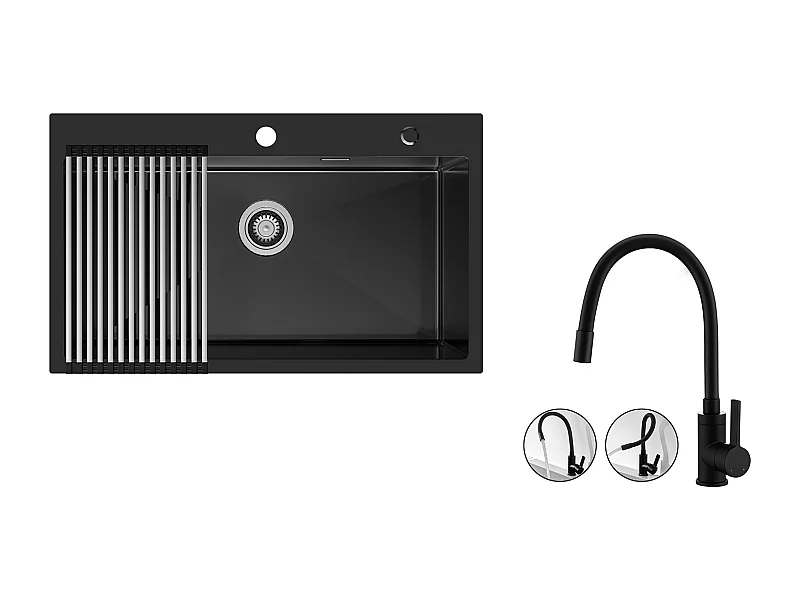 Auralum MAX Lavello Cucina 1 Vassoio 75 x 45 cm,Lavello Inox Nero con Scolapiatti Pieghevole+Miscelatore Lavello,Rubinetto Cucina Pieghevole