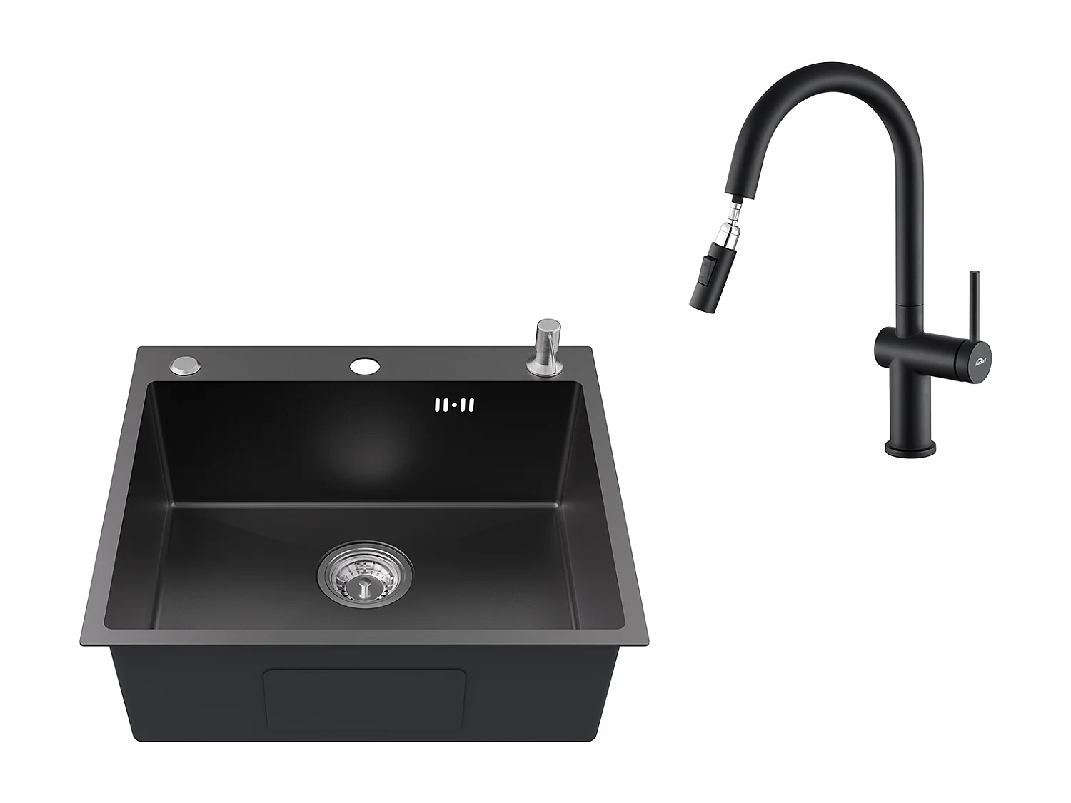 Evier Cuisine 1Bac 54*49*20 CM,en Inox,Noir Gris,Evier 1Cuve avec Distributeur Savon+Robinet de cuisine rétractable à deux fonctions, Noir