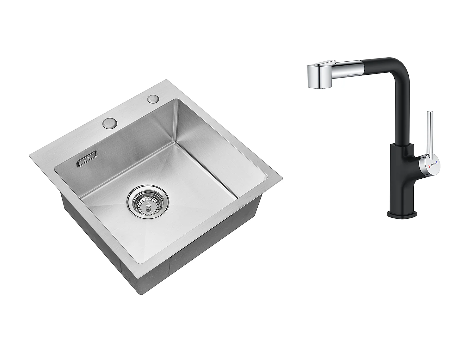 Aanrecht 1 Bak 45x45CM Roestvrij Staal 304, Inbouw en Opzetbaar + Uittrekbare RVS Keukenkraan 360 ° Roterend