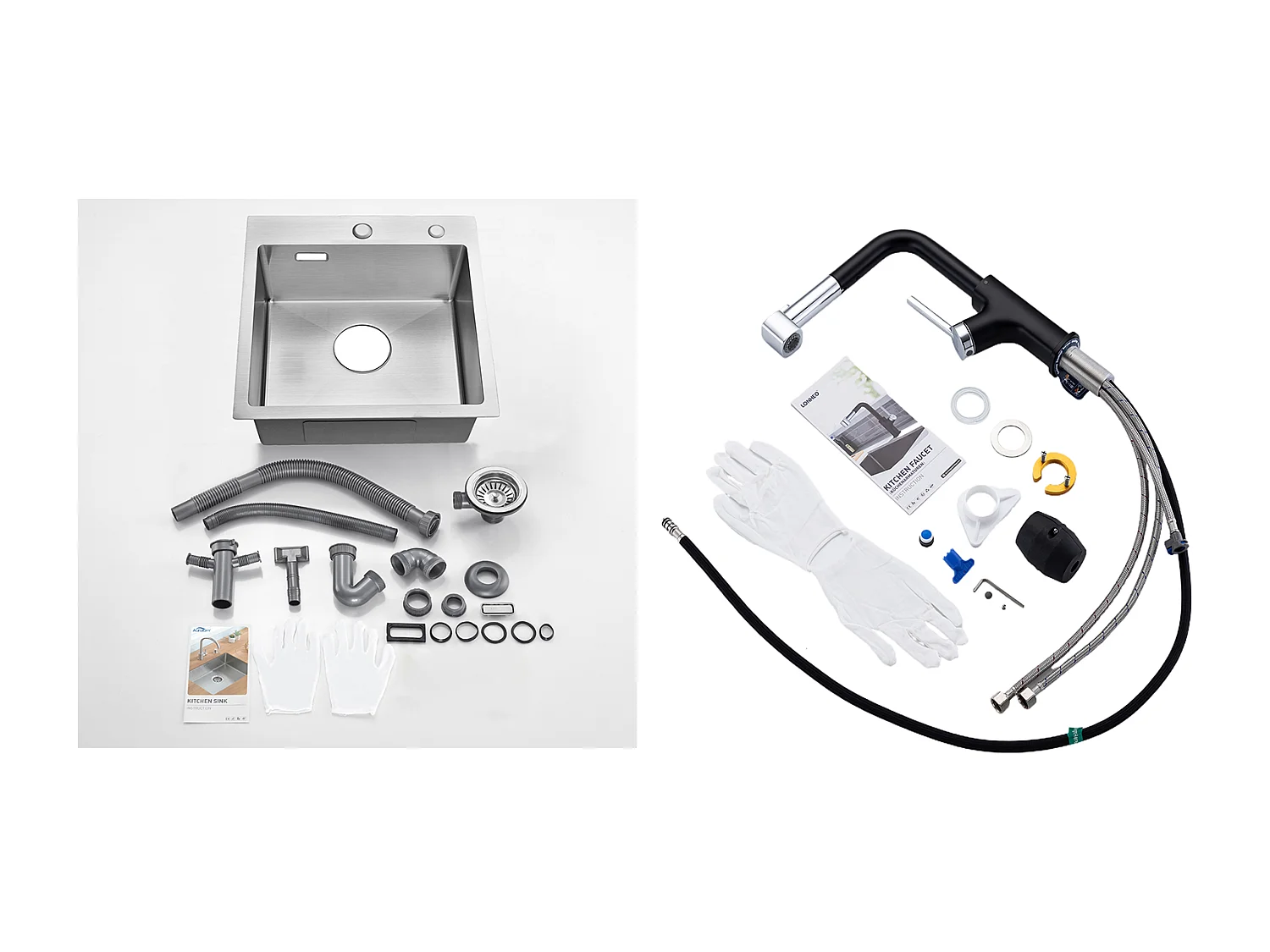 Aanrecht 1 Bak 45x45CM Roestvrij Staal 304, Inbouw en Opzetbaar + Uittrekbare RVS Keukenkraan 360 ° Roterend