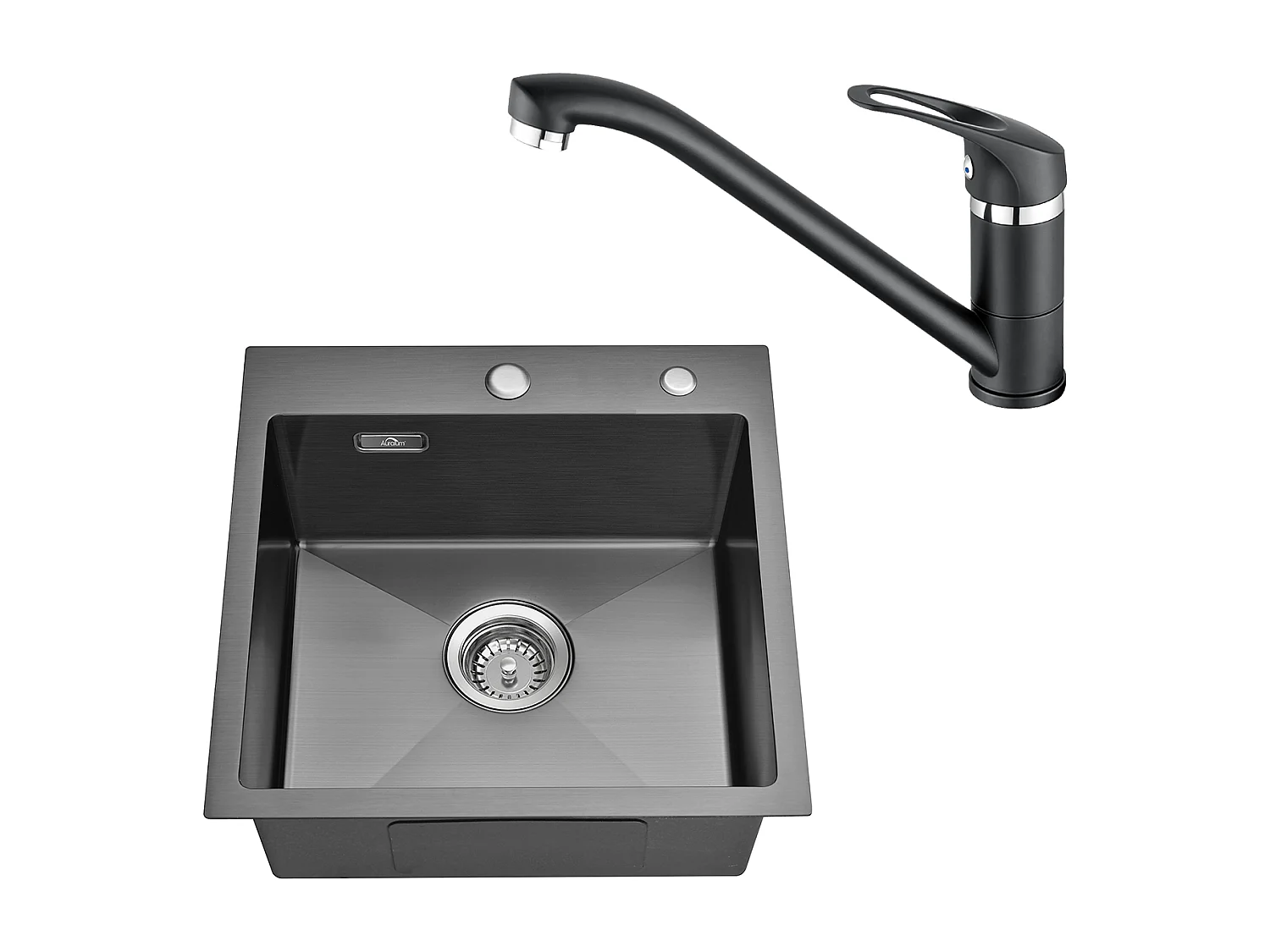 Évier Cuisine Noir 1 Bac 45x45CM Inox ,encastré/à Poser+Robinet Cuisine,Orientable 360°,Eau Chaude/Froide,Noir