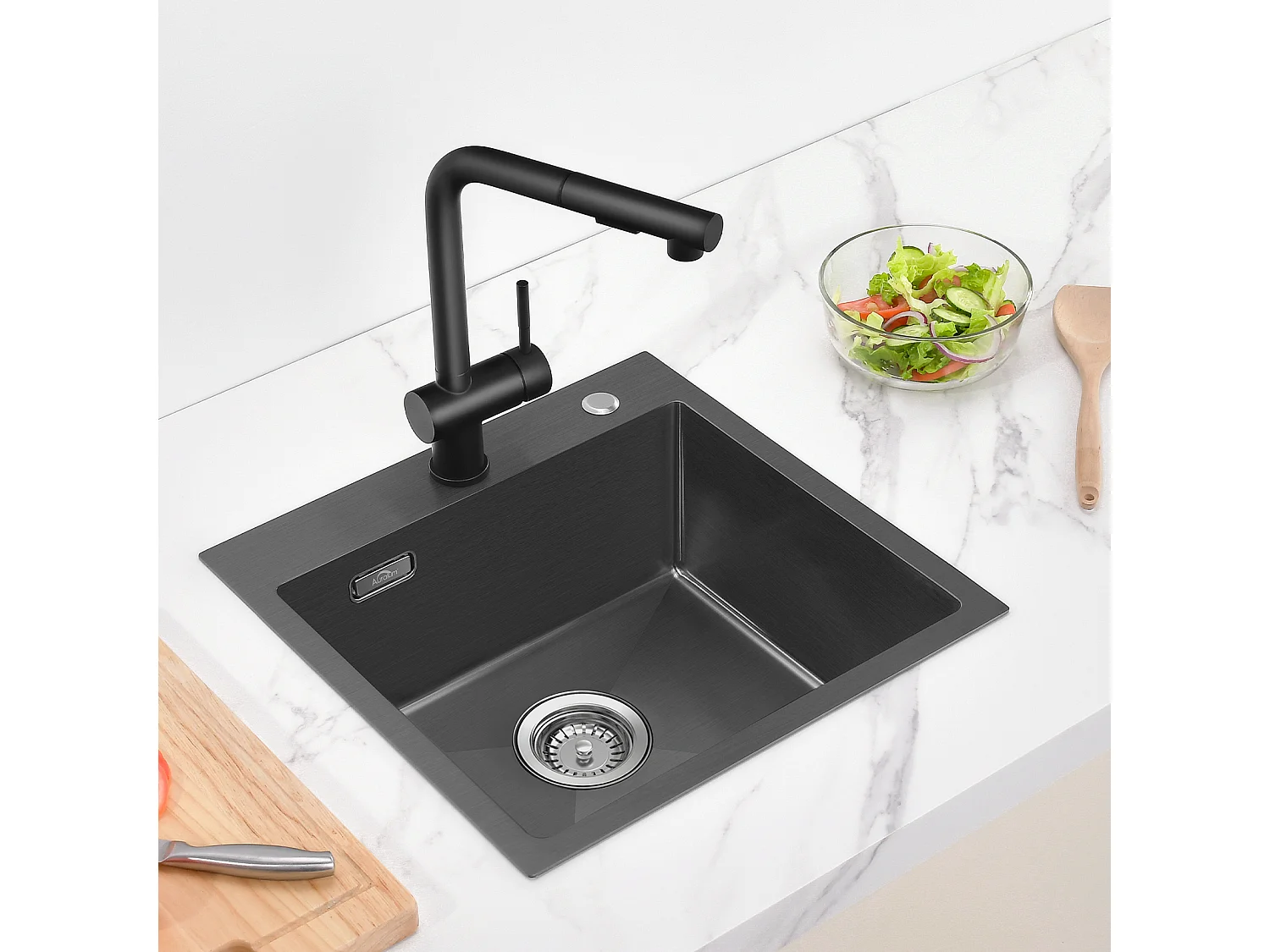 Évier Cuisine Noir 1 Bac 45x45CM Inox ,encastré/à Poser+Robinet Cuisine,Orientable 360°,Eau Chaude/Froide,Noir