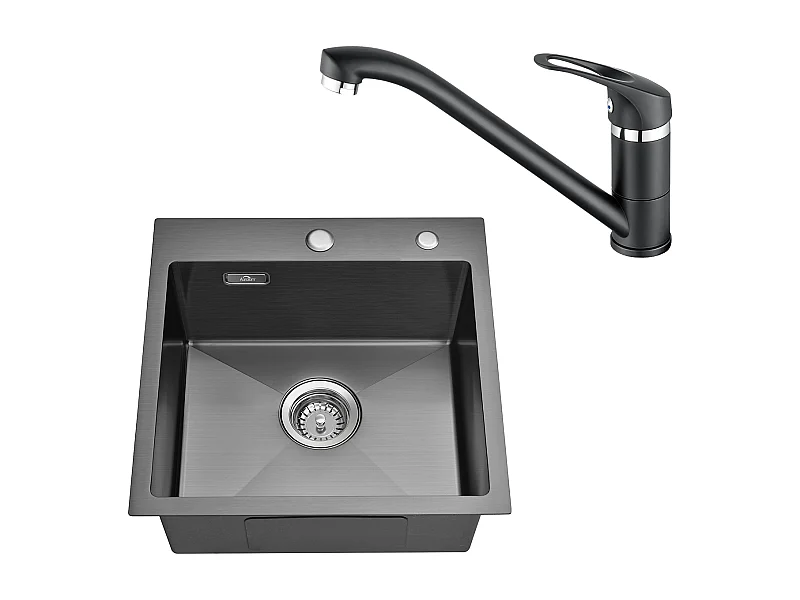 Évier Cuisine Noir 1 Bac 45x45CM Inox ,encastré/à Poser+Robinet Cuisine,Orientable 360°,Eau Chaude/Froide,Noir