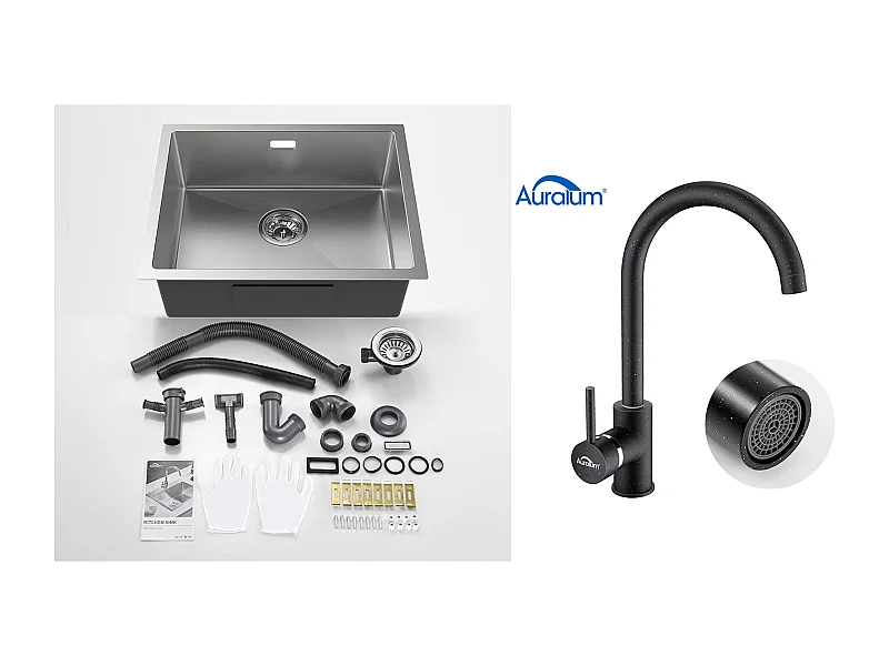 2 in1 Aanrecht 1 Bak 55*44*19CM, Inbouw/Bloem/Ondergrond, Geborsteld+ + Uittrekbare Keukenkraan, Zwart met witte stippen