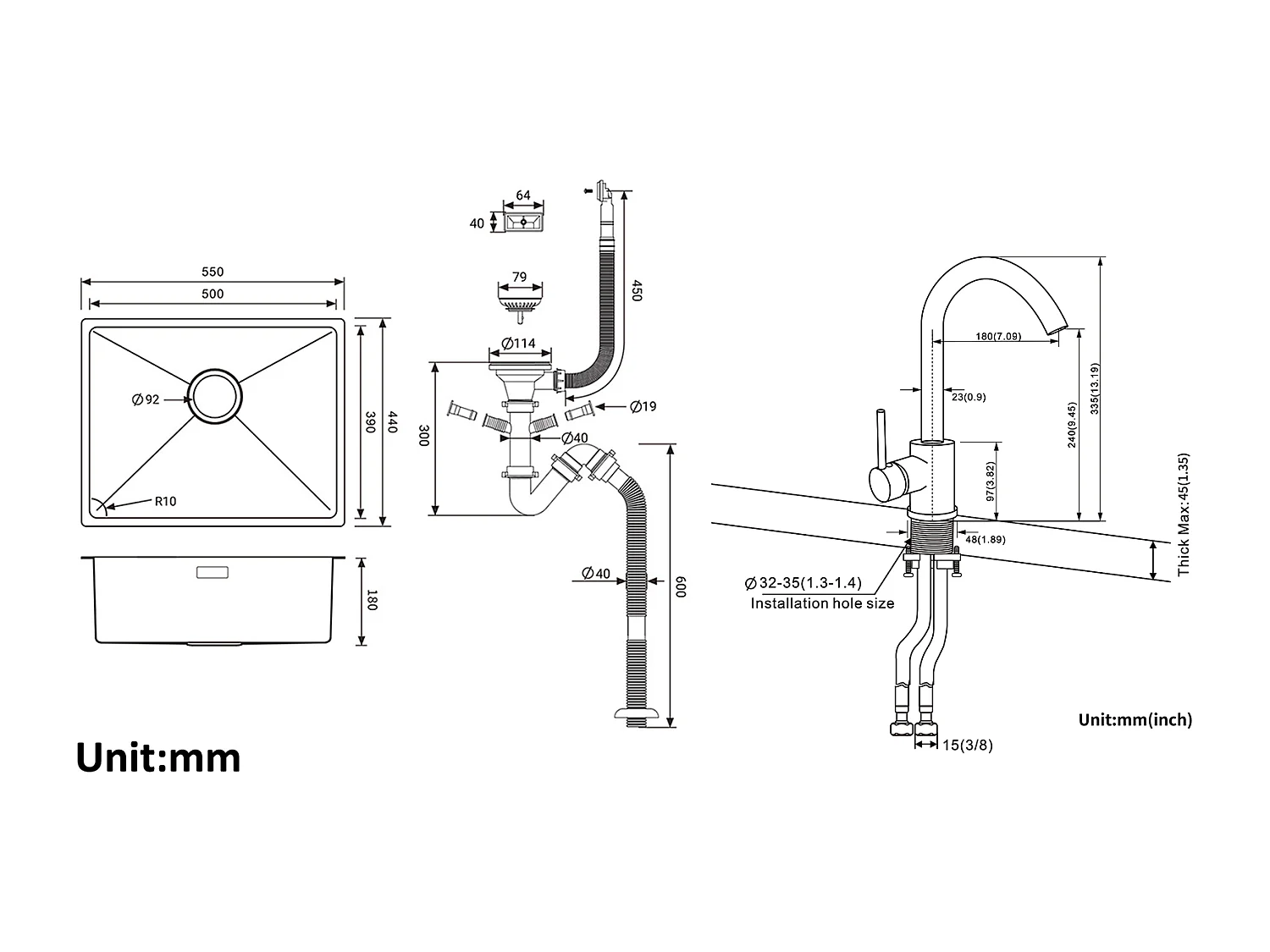 2 en1 Évier de Cuisine 1 Bac 55*44*19CM, à Encastrer/Fleur/ Sous-Plan, Brossé+ + Robinet de Cuisine Extractible ,Noir avec points blancs