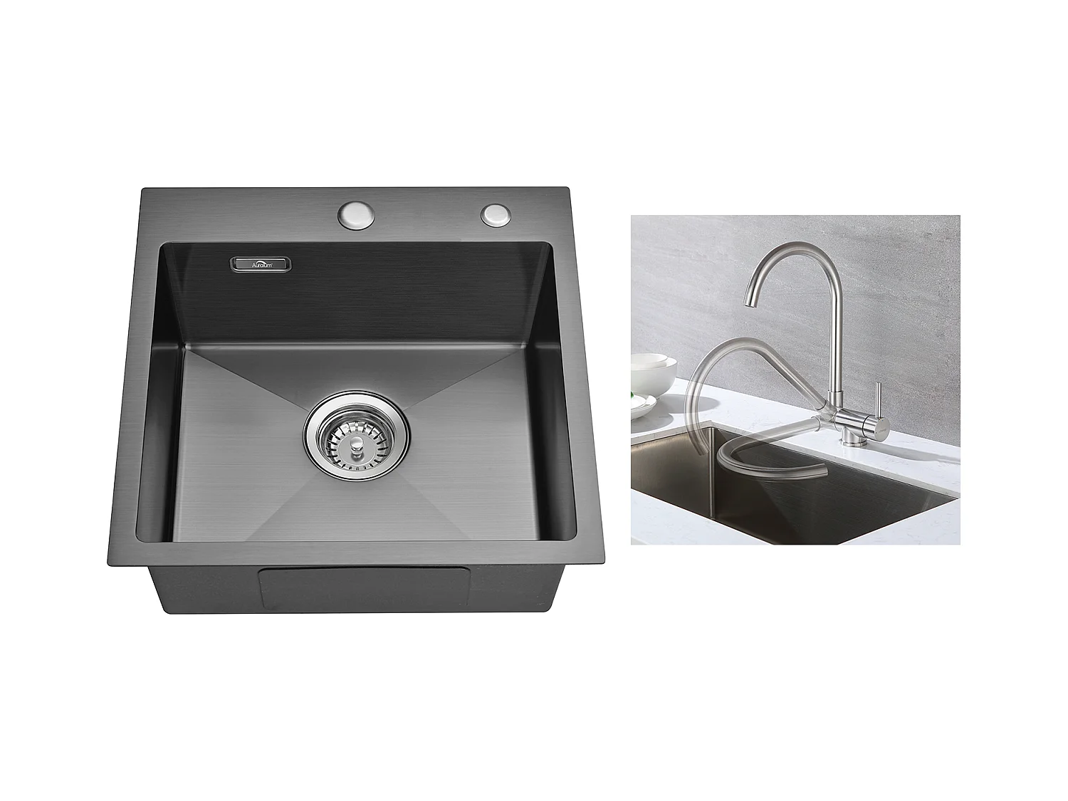 Évier Cuisine Noir  1 Bac 45x45CM Acier Inoxydable 304 ,encastré et à Poser+Mitigeur Cuisine en Acier Inox 304 Rabattable Pivotant à 3,EU Modèle