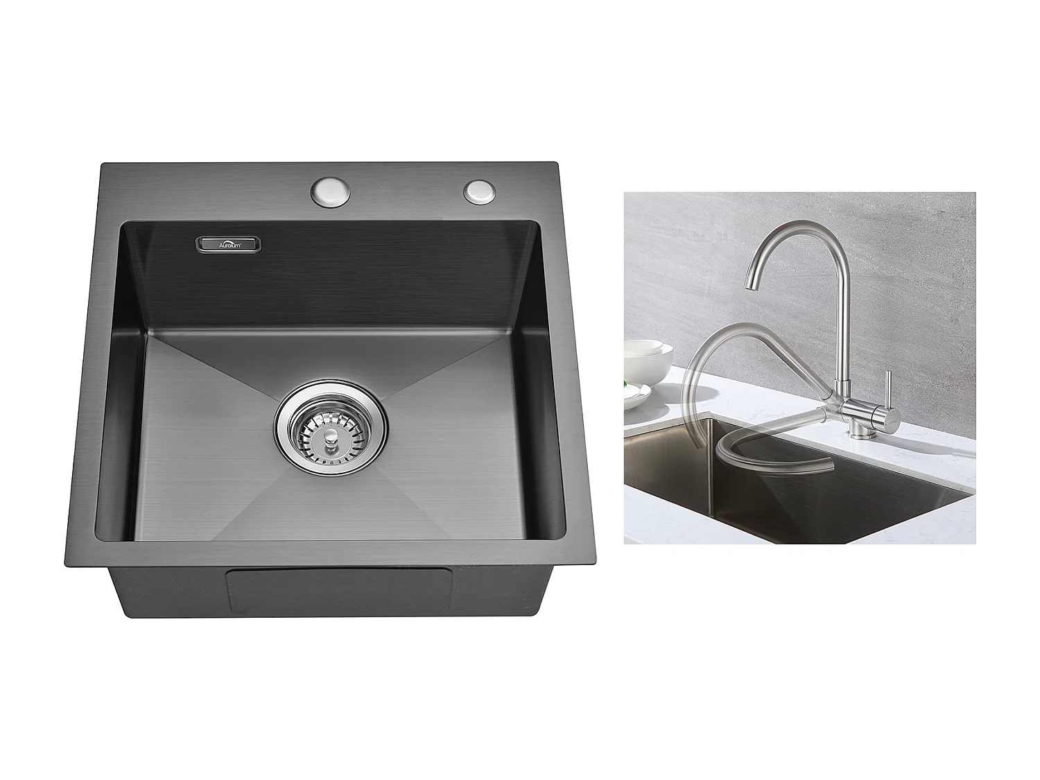 Évier Cuisine Noir  1 Bac 45x45CM Acier Inoxydable 304 ,encastré et à Poser+Mitigeur Cuisine en Acier Inox 304 Rabattable Pivotant à 3,EU Modèle