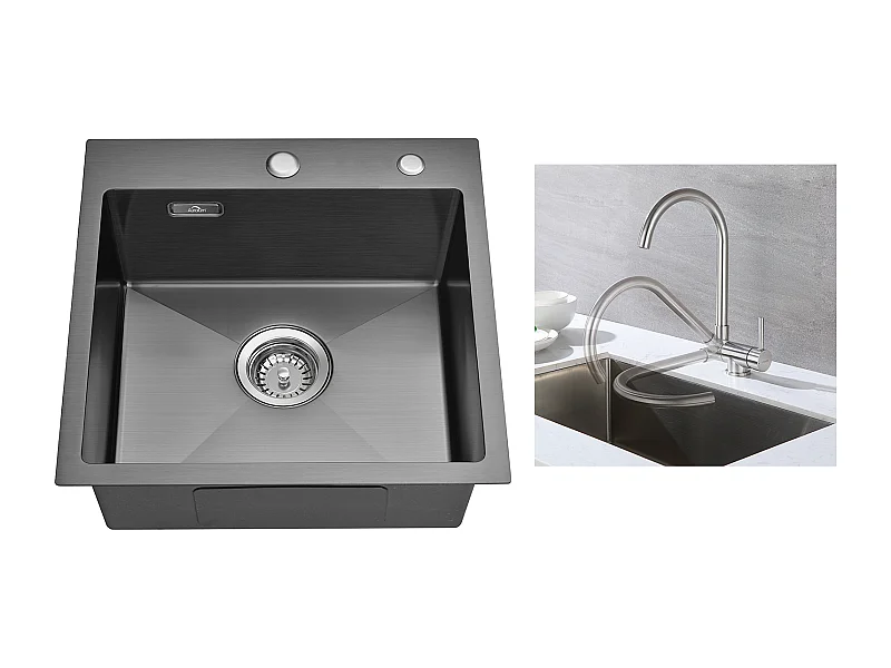 Évier Cuisine Noir  1 Bac 45x45CM Acier Inoxydable 304 ,encastré et à Poser+Mitigeur Cuisine en Acier Inox 304 Rabattable Pivotant à 3,EU Modèle