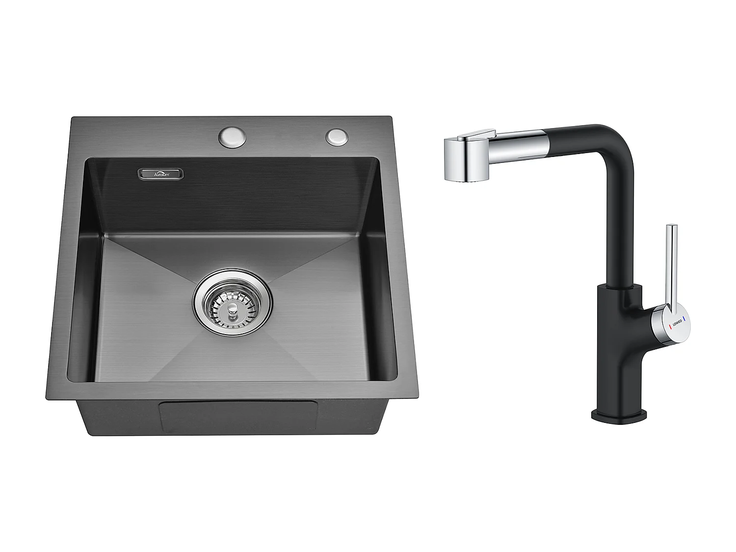 Évier Cuisine Noir  1 Bac 45x45CM Acier Inoxydable 304 ,encastré et à Poser+ Robinet de Cuisine Inox Extractible Rotatif à 360 °