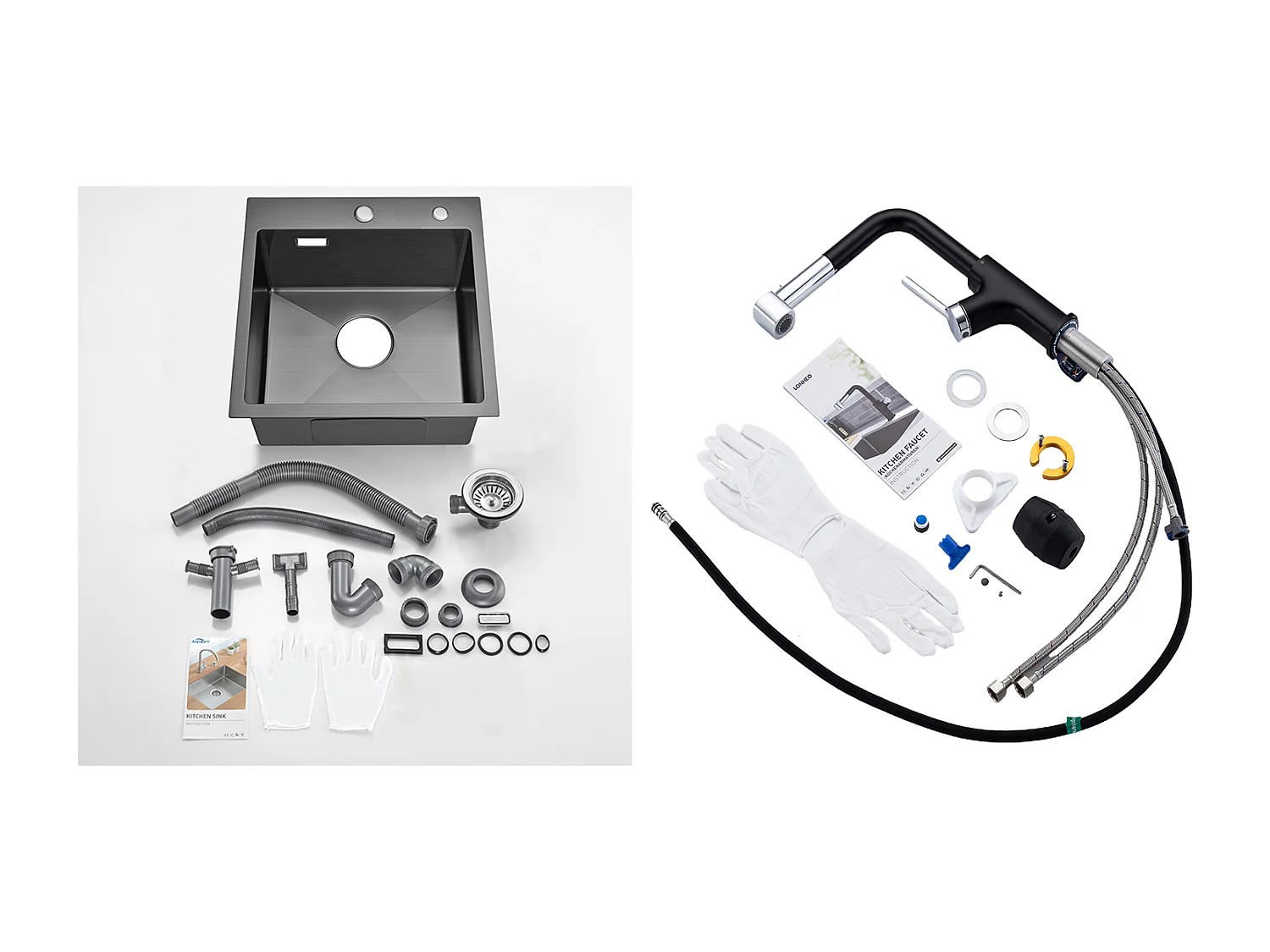 Évier Cuisine Noir  1 Bac 45x45CM Acier Inoxydable 304 ,encastré et à Poser+ Robinet de Cuisine Inox Extractible Rotatif à 360 °