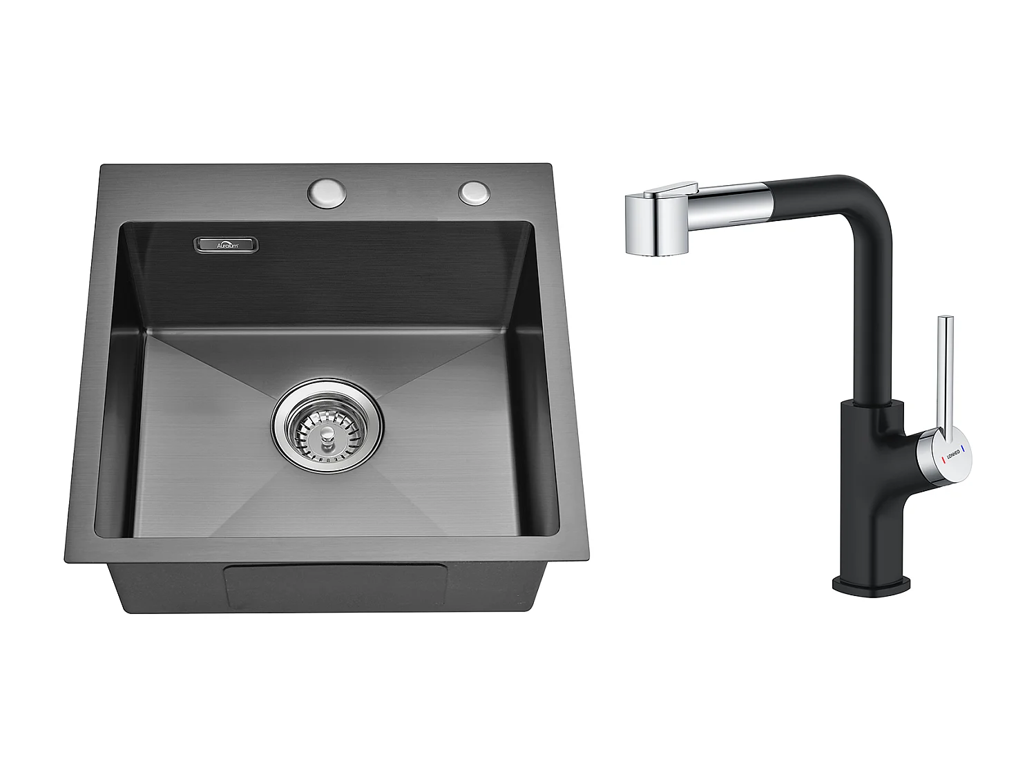 Évier Cuisine Noir  1 Bac 45x45CM Acier Inoxydable 304 ,encastré et à Poser+ Robinet de Cuisine Inox Extractible Rotatif à 360 °