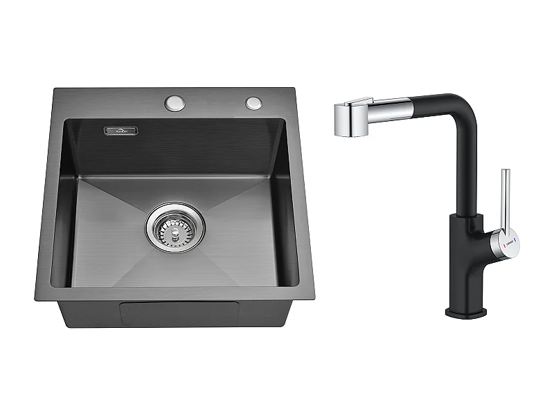 Évier Cuisine Noir  1 Bac 45x45CM Acier Inoxydable 304 ,encastré et à Poser+ Robinet de Cuisine Inox Extractible Rotatif à 360 °