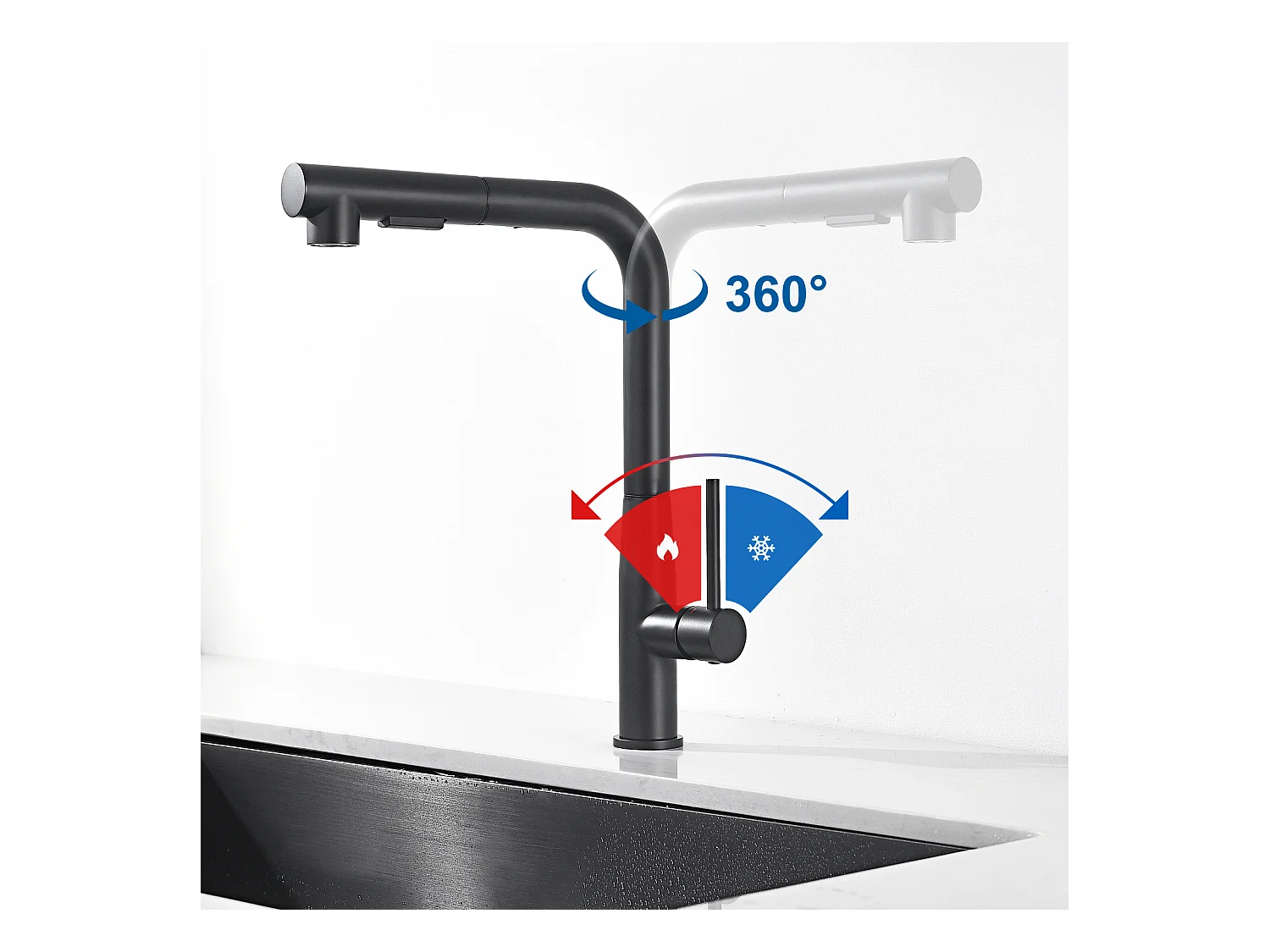 2 en1 Évier de Cuisine 1 Bac 55*44*19CM, à Encastrer/Fleur/ Sous-Plan, Noir+Robinet Cuisine avecDouchette Extractible Rotatif 360°,Noir