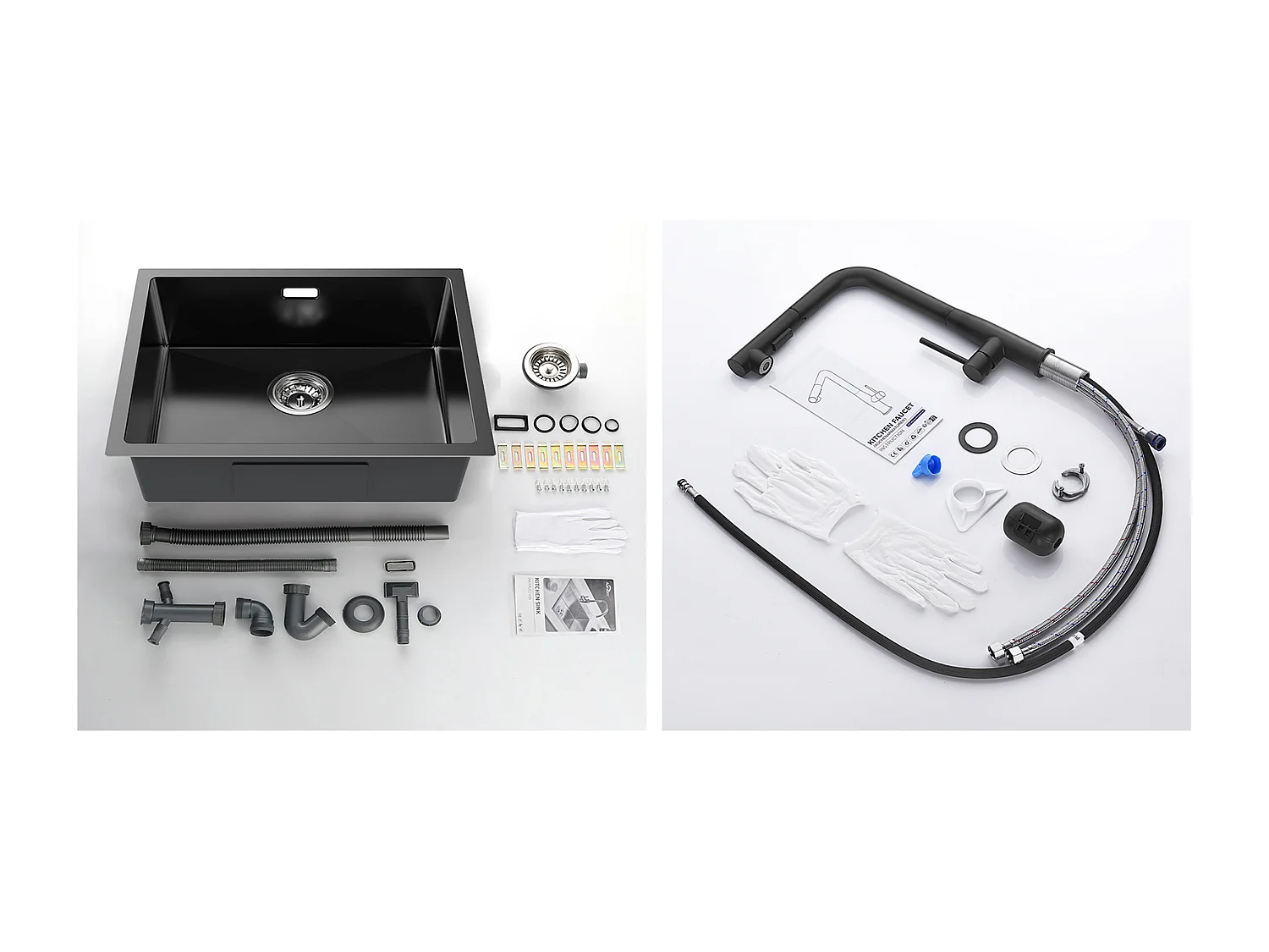 2 en1 Évier de Cuisine 1 Bac 55*44*19CM, à Encastrer/Fleur/ Sous-Plan, Noir+Robinet Cuisine avecDouchette Extractible Rotatif 360°,Noir