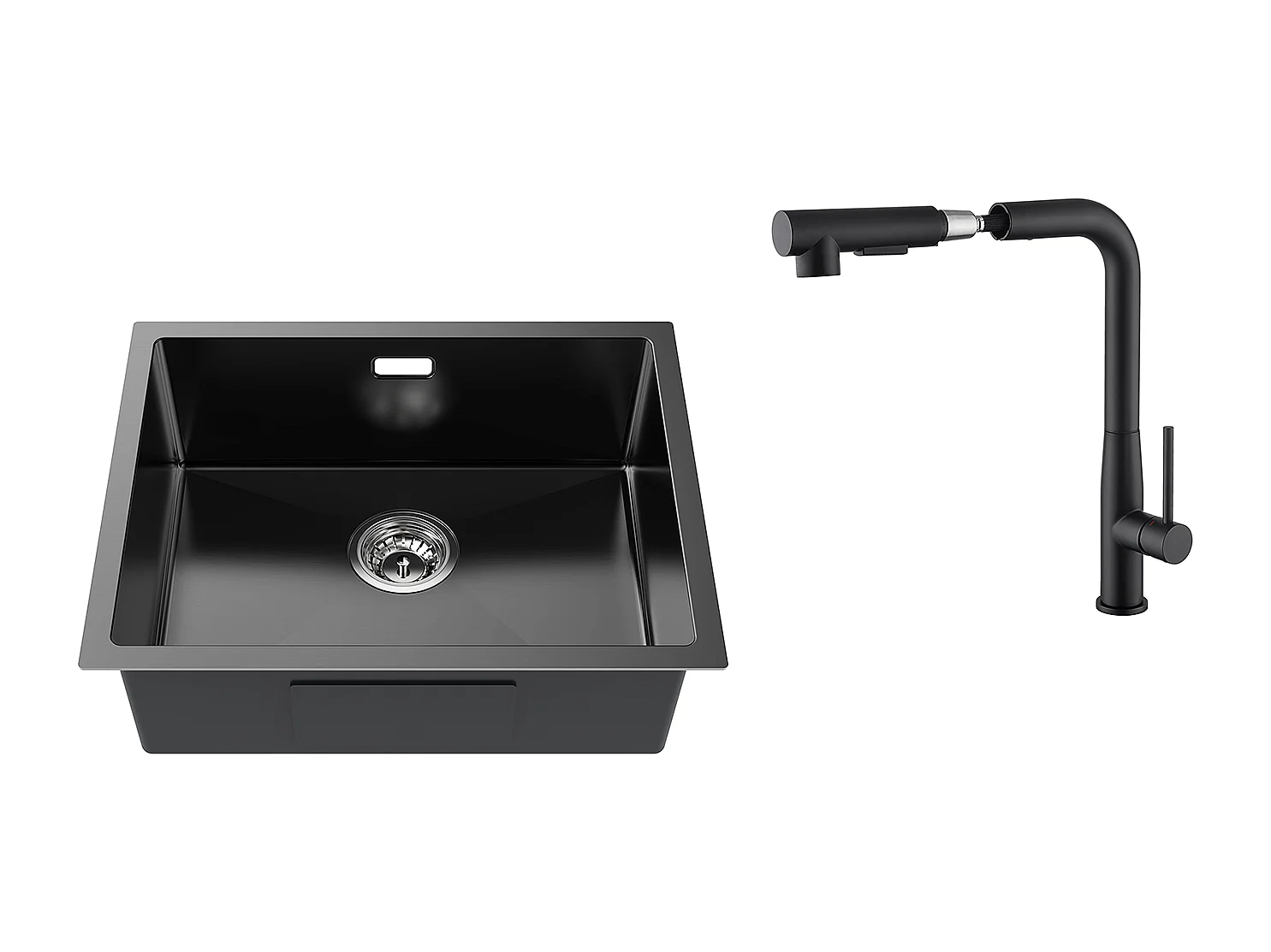 2 en1 Évier de Cuisine 1 Bac 55*44*19CM, à Encastrer/Fleur/ Sous-Plan, Noir+Robinet Cuisine avecDouchette Extractible Rotatif 360°,Noir