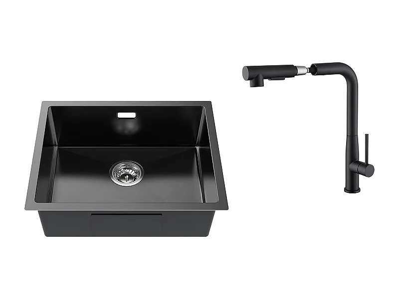 2 en1 Évier de Cuisine 1 Bac 55*44*19CM, à Encastrer/Fleur/ Sous-Plan, Noir+Robinet Cuisine avecDouchette Extractible Rotatif 360°,Noir