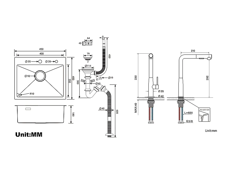 Lavello Cucina 1 Vassoio 45x45CM-Inossidabile 304, incassato e da posare+Miscelatore Cucina con Doccetta Estraibile Rotativo 360°,Spazzolato