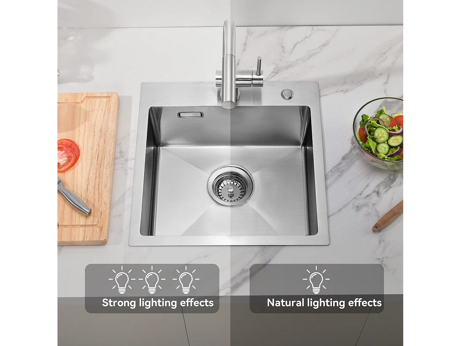 Évier Cuisine 1 Bac 45x45CM Acier Inoxydable 304 ,encastré et à Poser+Mitigeur Cuisine avec Douchette Extractible Rotatif 360°,Brossé