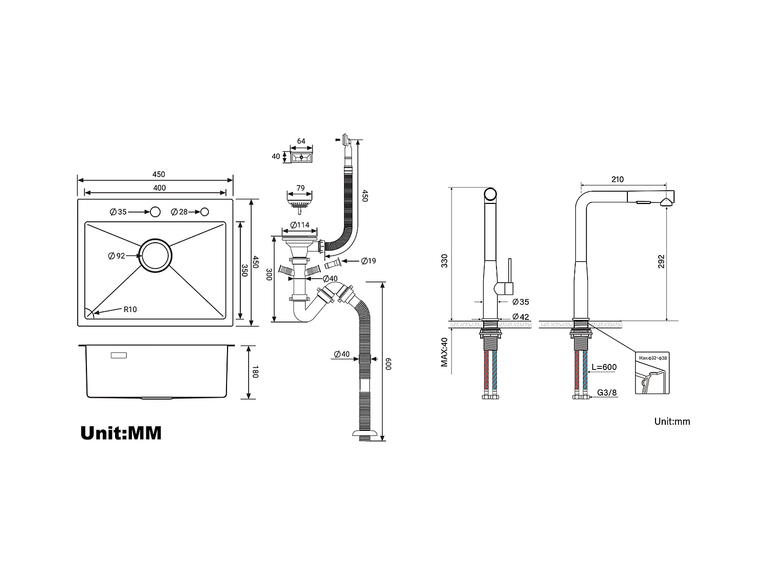 1 Becken Küchenspüle 45x45CM 304 Edelstahl, Einbau- und Aufsatzspüle + Küchenmischbatterie mit 360° drehbarer Ausziehbrause, gebürstet