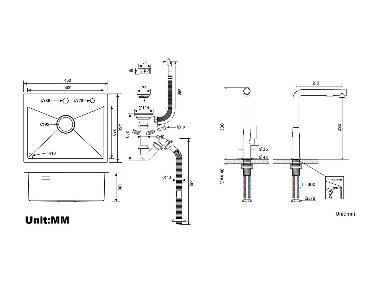 Lavello Cucina 1 Vassoio 45x45CM-Inossidabile 304, incassato e da posare+Miscelatore Cucina con Doccetta Estraibile Rotativo 360°,Spazzolato