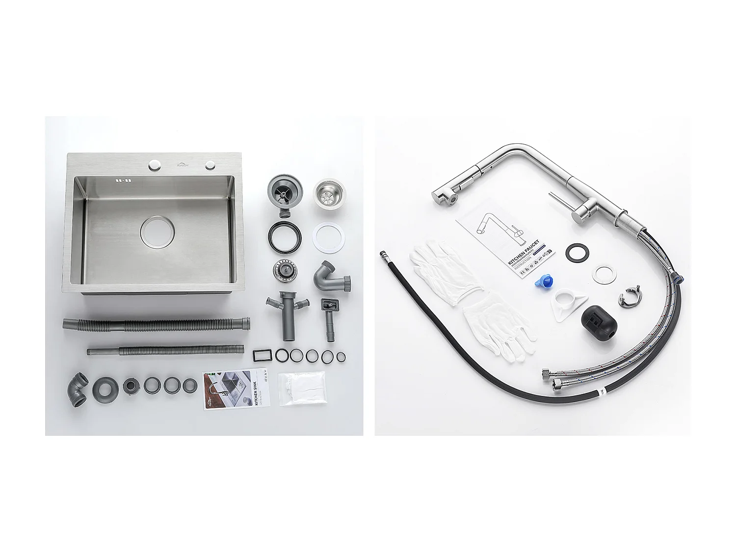 Évier Cuisine 1 Bac 45x45CM Acier Inoxydable 304 ,encastré et à Poser+Mitigeur Cuisine avec Douchette Extractible Rotatif 360°,Brossé