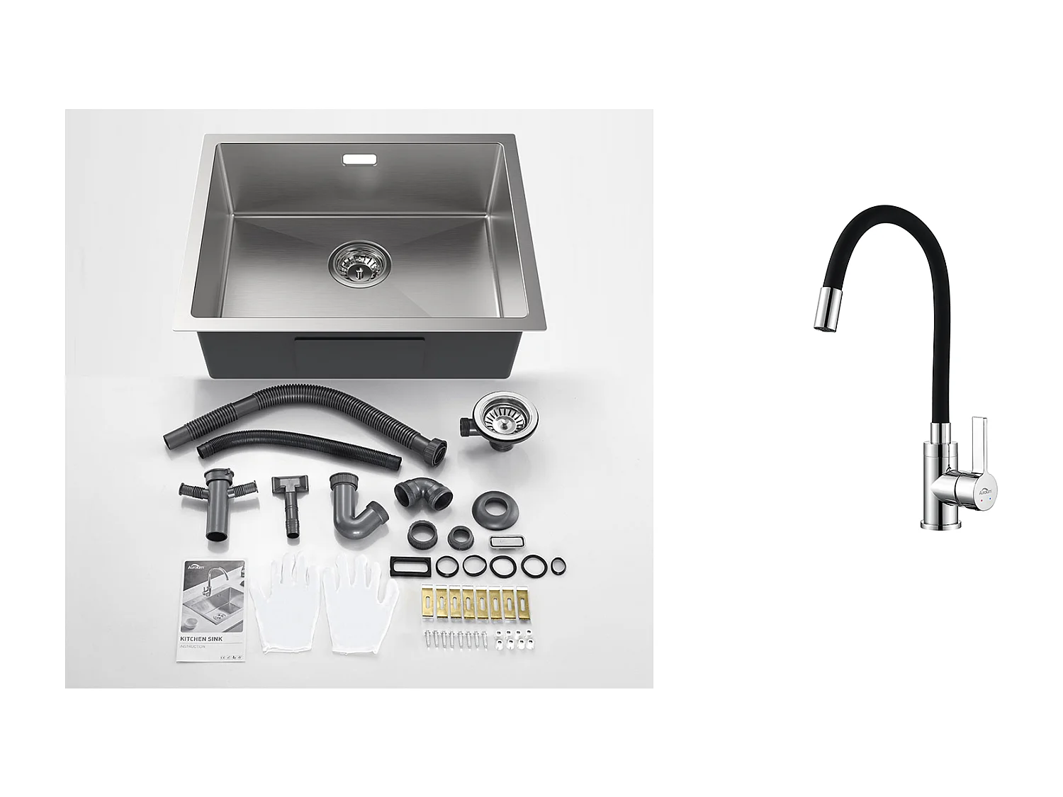 AuraLum Max Évier de Cuisine 1 Bac 55*44*19CM, à Encastrer/Fleur/ Sous-Plan,Brossé+Robinet Cuisine Douchette Extractible Gris Foncé Rotatif 360 °